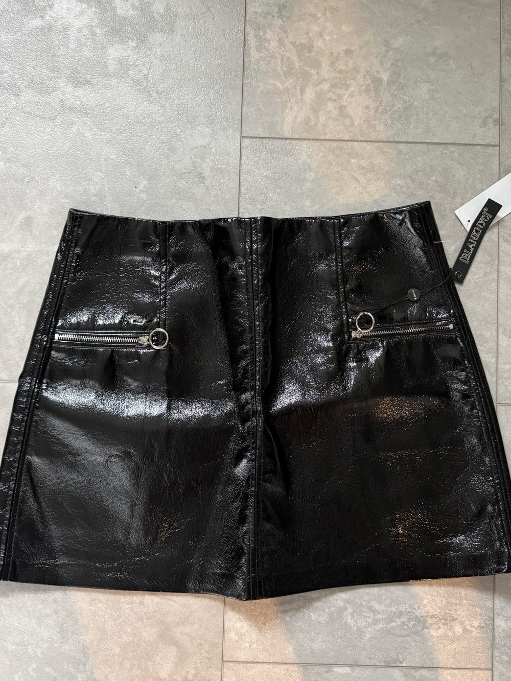 Blank NYC Black Patent Faux Leather Mini Skirt with Zip Accents